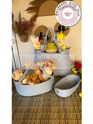 Double Knot Design 3li Set Oyuncak Sepeti , Anne Çocuk Bebek Odası, Dekoratif Sepet, Hediyelik