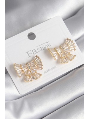 Luz&Pos Pirinç Gold Renk Zirkon Taşlı Kurdele Model Kadın Küpe