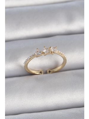 İsmiyle Al Pirinç Gold Renk Zirkon Taşlı Kalp Inci Detaylı Ayarlanabilir Model Kadın Yüzük