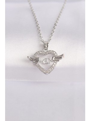 İsmiyle Al 316L Çelik Zincir Gümüş Renk Zirkon Taşlı Kanatlı Kalp Kolye