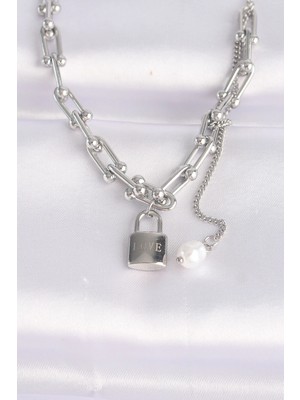 İsmiyle Al 316L Çelik Zincir Gümüş Renk Zincirli Love Yazılı Kilit Kolye