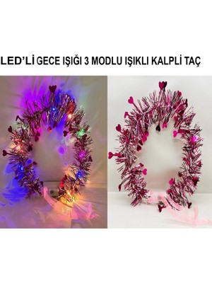 İsmiyle Al Kalp Püsküllü Gece Parıltısı 3 Modlu LED39LI Işıklı Taç Fuşya Renk