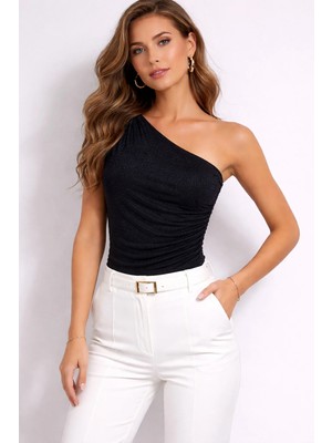 İnce Moda Giyim Siyah Tek Omuz Drapeli Bluz – Şık Gece Kombin Üstü