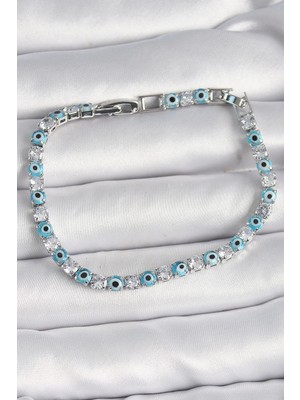 İsmiyle Al Pirinç Gümüş Renk Su Yolu Zirkon Taşlı Nazar Boncuklu Kadın Bileklik