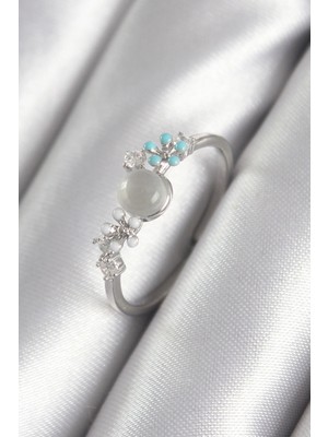 Luz&Pos Pirinç Gümüş Renk Zirkon Taş Detaylı Beyaz Sedefli Çiçek Model Kadın Yüzük