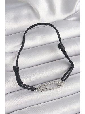 İsmiyle Al Siyah Renk Ipli Asansör Zirkon Taşlı Gümüş Messika Model Kadın Bileklik