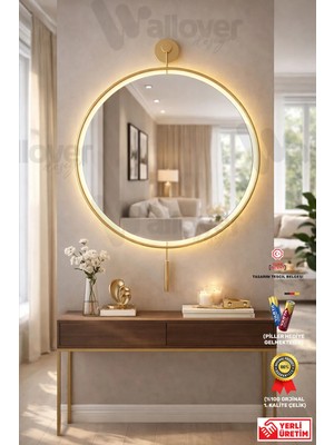 Wallover Design Büyük Boy Massivve Gold 50 cm Kablosuz Pilli LED Ayna, Makyaj Aynası, Dresuar Aynası Modern Dekoratif Duvar Aynası