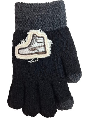 Kitti Spteks 9-12 Yaş Erkek Genç Garson Siyah Renk Amblem Figürlü Kışlık Örme Eldiven