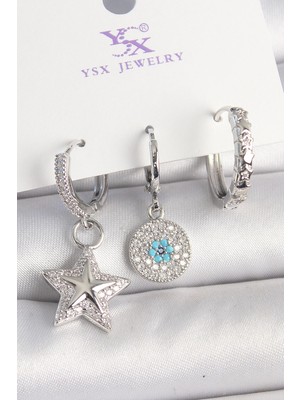 İsmiyle Al Pirinç Gold Renk Zirkon Taşlı Yıldız Model Nazar Boncuk Detay 3'lü Kadın Kombin Küpe