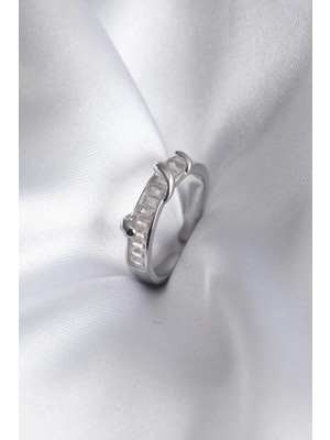 İsmiyle Al Pirinç Gümüş Renk Su Yolu Zirkon Taşlı Kadın Yüzük