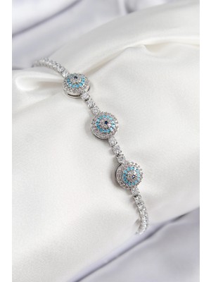 İsmiyle Al Pirinç Zirkon Taşlı Nazar Model Gümüş Renk Kadın Bileklik