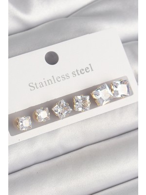 İsmiyle Al 316L Çelik Gold Renk Kare Zirkon Taş Model Kadın Küpe Seti