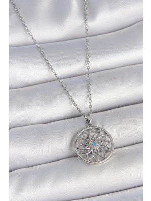 İsmiyle Al 316L Çelik Gümüş Renk Zincir Mavi Taşlı Lotus Model Kadın Kolye