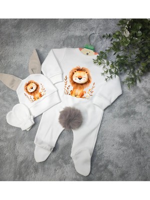 Moda Lime Tavşan Kulaklı Ponponlu Isme Özel Baskılı Aslan Detaylı Bebek 3 Lü Tulum Seti