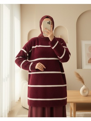 Modamorfo Çizgili Salaş Sakallı Triko Tunik -Bordo