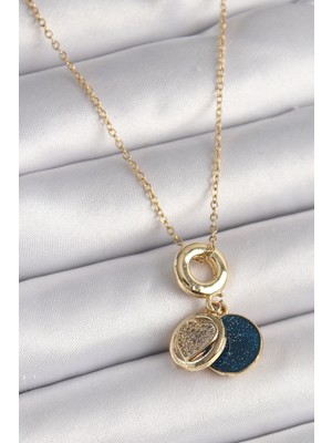 İsmiyle Al 316L Çelik Gold Renk Zincir Zirkon Taşlı Kalp Model Mavi Simli Kadın Kolye