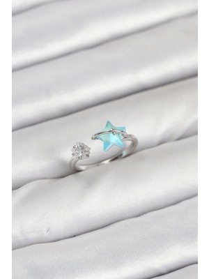 İsmiyle Al Pirinç Gümüş Renk Mavi Yıldızlı Model Kadın Yüzük