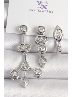 İsmiyle Al Pirinç Gümüş Renk Zirkon Taşlı Geometrik Model 3'lü Kadın Kombin Küpe