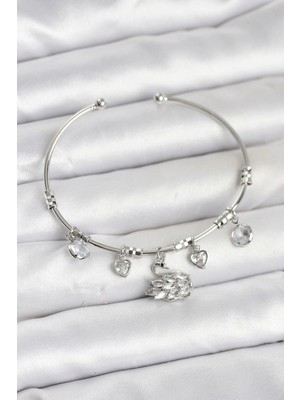 İsmiyle Al Kuğu Charmlı Gümüş Renk Kadın Bileklik