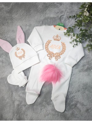 Moda Lime Ekru Tavşan Kulaklı Kız Bebek 3 Lü Tulum Seti Pamuk Materyal ile Rahat Kullanım