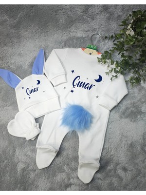 Moda Lime Tavşan Kulaklı Ponponlu Isme Özel Baskılı Bebek 3 Lü Tulum Seti