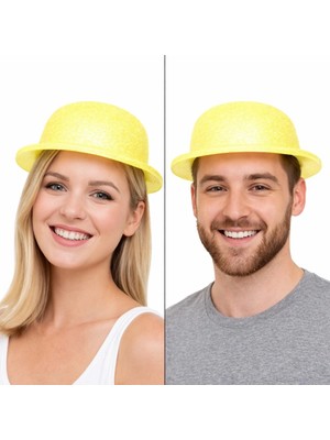 İsmiyle Al Sarı Simli Melon Şapka | Ince Plastik Glitter Yetişkin Parti Şapkası