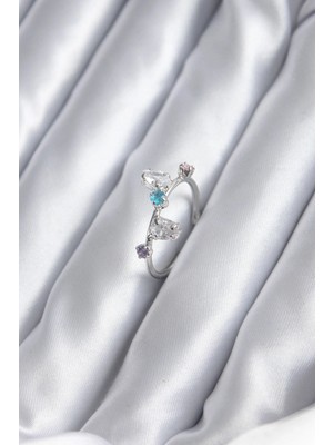 Luz&Pos Gümüş Renk Renkli Zirkon Taşlı Kadın Yüzük