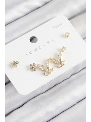 İsmiyle Al Pirinç Zirkon Taşlı Kelebek Model Gold Renk 925 Ayar Gümüş Çivi Kadın Küpe Set