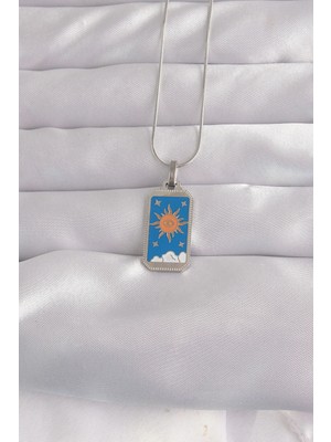 İsmiyle Al 316L Çelik Gümüş Renk Mavi Mineli Güneş Model Tarot Kolye