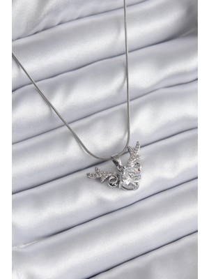 İsmiyle Al 316L Çelik Gümüş Renk Zirkon Taşlı Boynuz Model Kadın Kolye