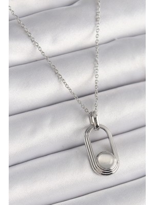 İsmiyle Al 316L Çelik Gümüş Renk Zincir Beyaz Kedi Göz Model Kadın Kolye