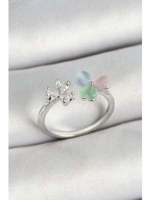 İsmiyle Al Pirinç Kalp Figürlü Zirkon Taşlı Gümüş Renk Ayarlanabilir Kadın Yüzük