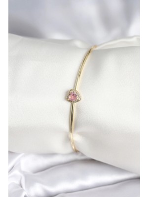İsmiyle Al Pembe Zirkon Taşlı Kalp Model Gold Renk Kadın Bileklik