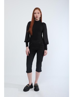 Blue White Kadın Likralı Esnek Jean Kapri Siyah