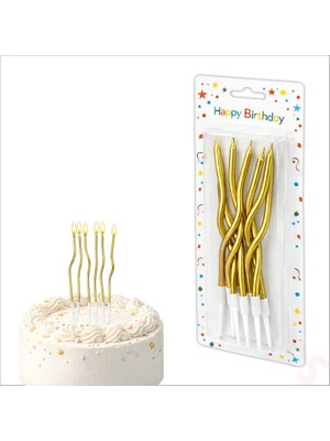 Süsle Bebek ve Parti Altın Metalik Krom Renkli Spiral Pasta Mumu 14 cm - 6 Adet