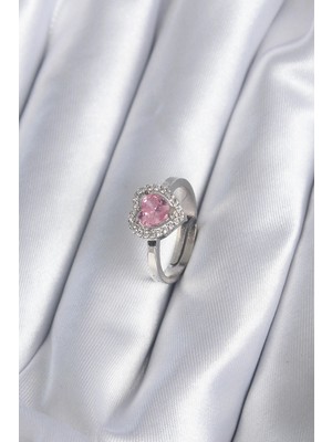 Luz&Pos Pirinç Gümüş Renk Pembe Zirkon Taşlı Charm Model Kadın Yüzük