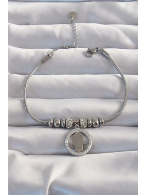 İsmiyle Al 316L Çelik Gümüş Renk Zirkon Taş Aksesuarlı Fatma Ana Eli Bileklik