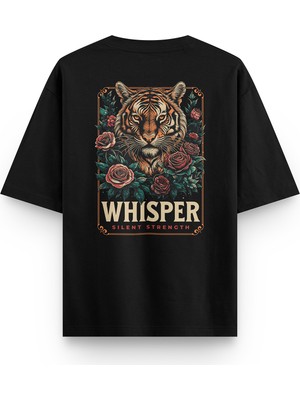 Overoz Whisper Kaplan Sırt Baskılı Yarı Oversize Unisex Siyah Tshirt 1376
