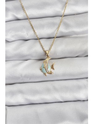 İsmiyle Al 316L Çelik Zincir Gold Renk Balık Model Zirkon Taşlı Kadın Kolye
