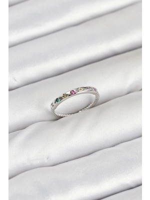İsmiyle Al Pirinç Gümüş Renk Renkli Zirkon Taşlı Kadın Yüzük