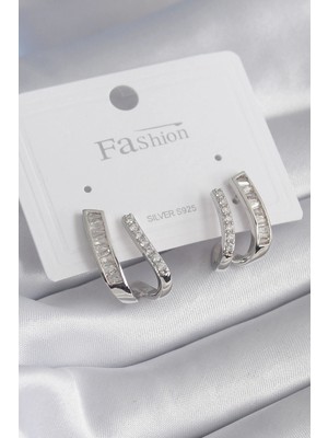 Luz&Pos Pirinç Gümüş Renk Zirkon Taşlı Kadın Küpe