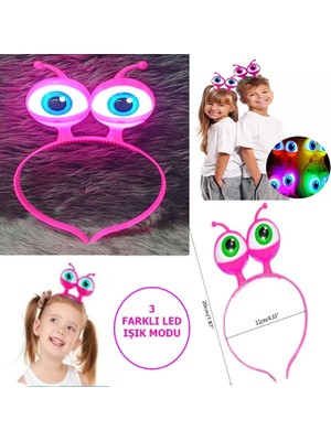 İsmiyle Al LED Işıklı  Pilli 3 Farklı Modda Yanan Uzaylı Göz Parti Tacı Pembe Renk 18X12 cm