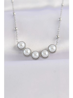 İsmiyle Al 316L Çelik Zincir Gümüş Renk Sıralı Inci Taşlı Kolye