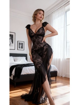 Orıella Transparan Dantel Detaylı Asimetrik Kesim Gecelik