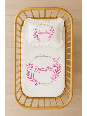 Moda Lime Isimli Bebek Nevresim Takımı 70X120 – Pembe Yaprak Çelenk Tasarım Fırfırlı Dolgulu Yastıklı