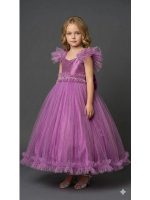 Ay Yılmaz Kız Çocuk Tarlatanlı Prenses Model Gelinlik Abiye Elbise Payetli Lila