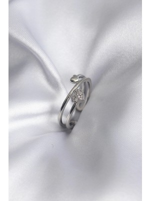 Luz&Pos Pirinç Gümüş Renk Zirkon Taş Detay Kalp Model Kadın Yüzük