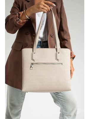 Just Polo  Kadın Beyaz 2 Bölmeli 5 Gözlü Gofraj Baskılı Büyük Boy El ve Omuz Çantası 234028MH