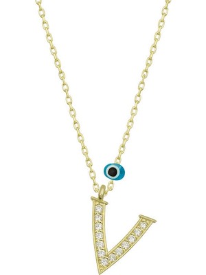 Tienda Elegante Gümüş Nazar Gold V Harfi Kadın Kolye