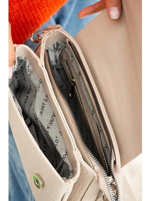 Just Polo  Krem 2 Bölmeli Omuz Çantası Monogram 2197MH